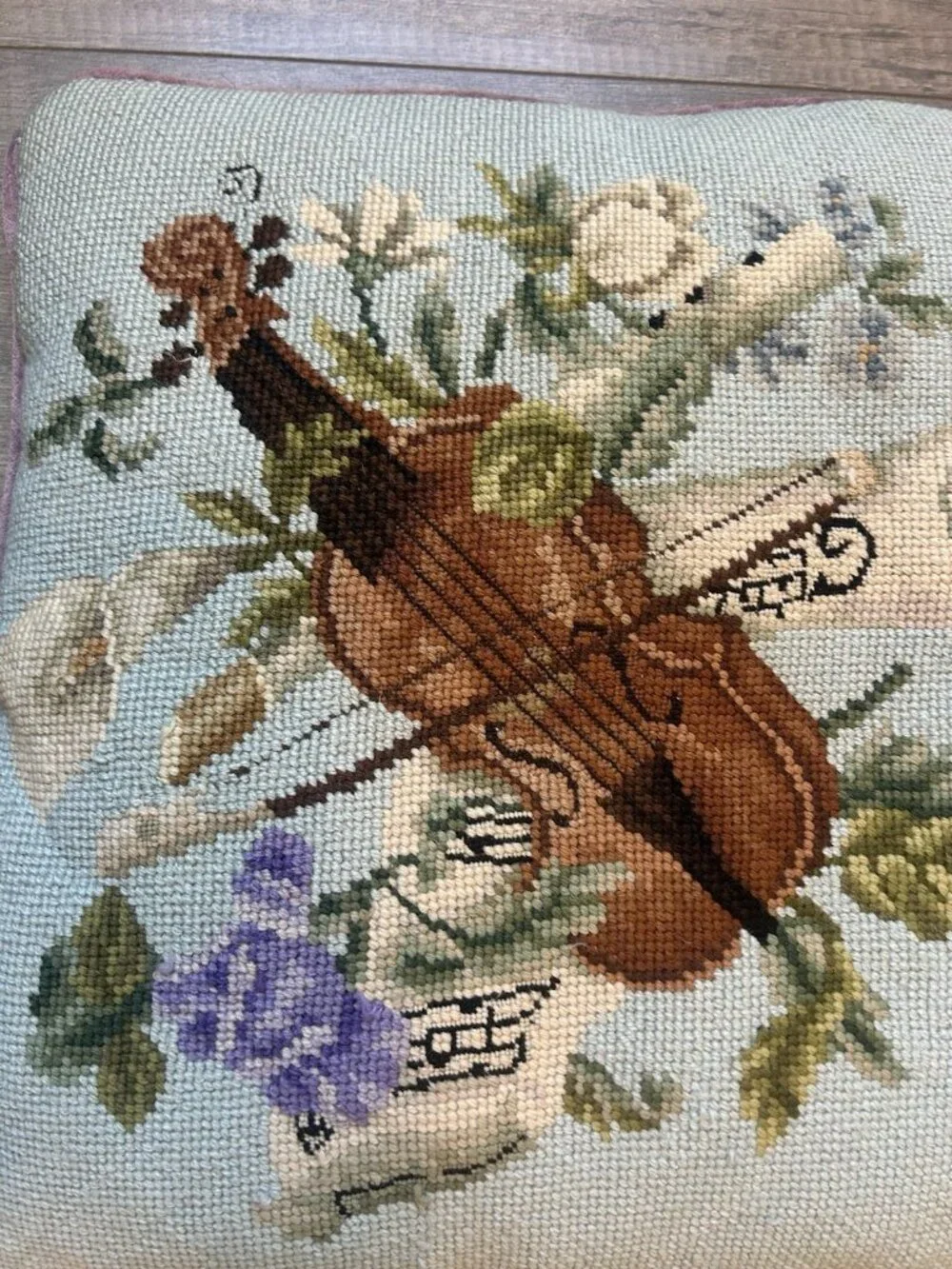 Vintage Needlepoint Pillow Violin Floral 15” X 15” Purple Velvet Cottagecore Fun
